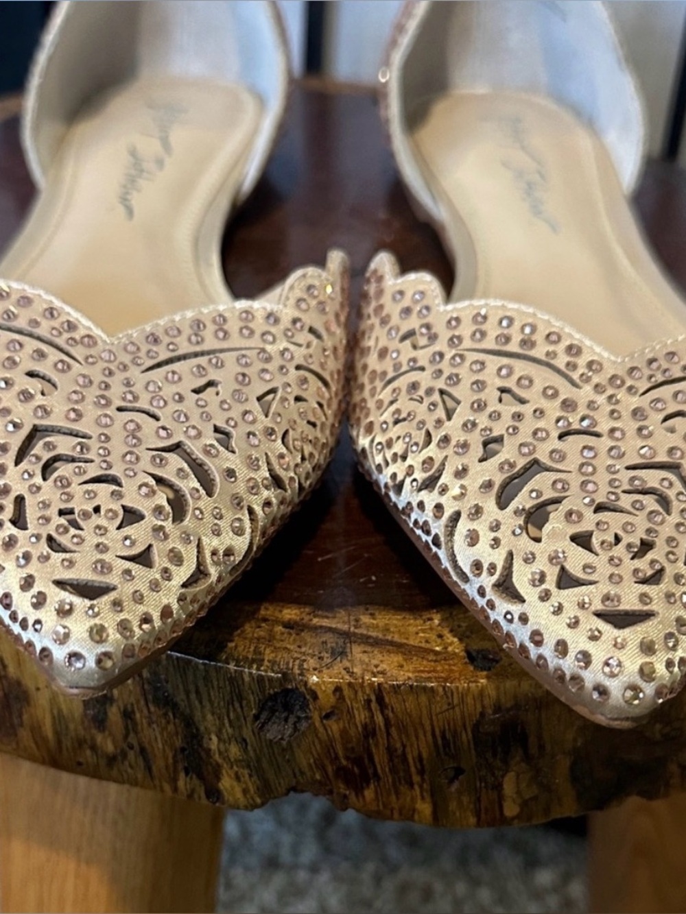 Betsey Johnson Beige Laser-Cut Crystal Flats size 8.5